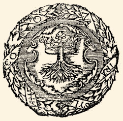 The crest of Brassó (Braşov, RO) encircled by laurel wreath from a book printed in 1658.  One of the few wood-cut blocks originating from the Honterus-press. It was first used to decorate a Brassó printing in 1556