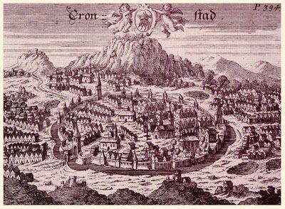 The view of Brassó (Braşov, RO) in a contemporary engraving