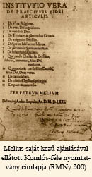 kép: Melius saját kezű ajánlásával ellátott Komlós-féle nyomtatvány címlapja (RMNy 300)