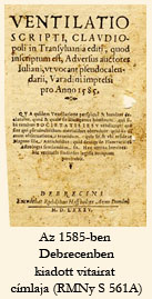 Az 1585-ben Debrecenbenkiadott vitaírat címlaja (RMNy S 561A)