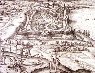 Contemporary engraving representing the fortified town of Pápa