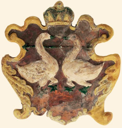 Oven-tile from the one-time princely palace at Gyulafehérvár with the swans of Gábor Bethlen's coat of Arms