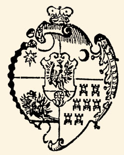 The combined coats of arms of Transylvania and the princely family Rákóczi - woodcut decorating a book from the Gyulafehérvár press in 1636