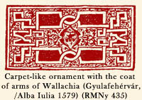 Carpet-like ornament with the coat of arms of Wallachia (Gyulafehrvr,/Alba Iulia 1579) RMNy 435