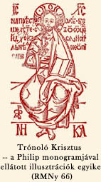 Trónoló Krisztus  -- a Philip monogramjával ellátott illusztrációk egyike (RMNy 66)
