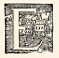 Várost ábrázoló iniciálé a Schultz-nyomda készletéből