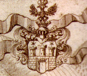 Crest of the free royal town Sopron: detail of a 17th century engraved prospect of the town. 