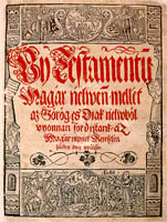 The title-page of New Testament (Új Testamentum) with text printed red and black. Not only the large-scale letters of the title-page but some capitals are also cut in wood (RMNy 49)