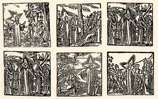 Some of the series of 100 small wood-cut illustrations decorating and explaining the New Testament